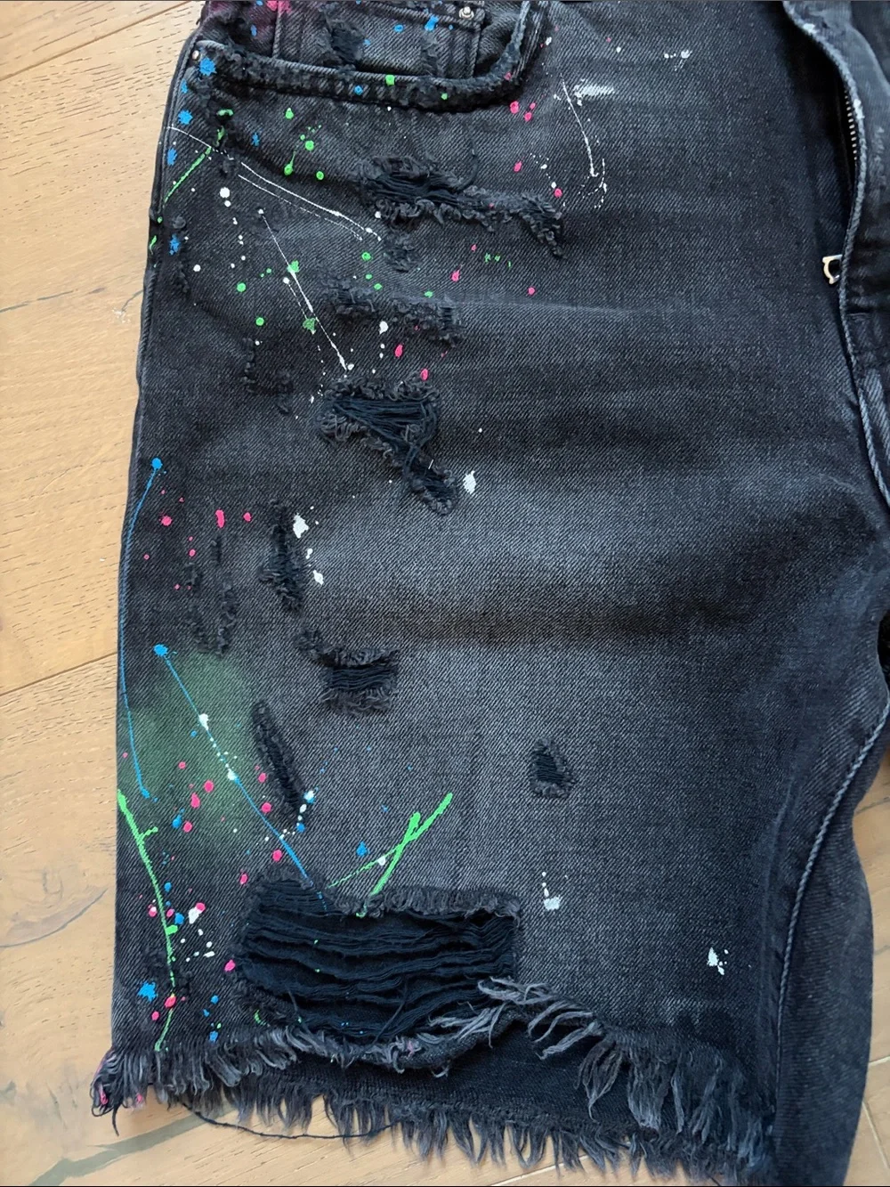 AMIRI Black Distressed Paint-Splatter Denim Shorts